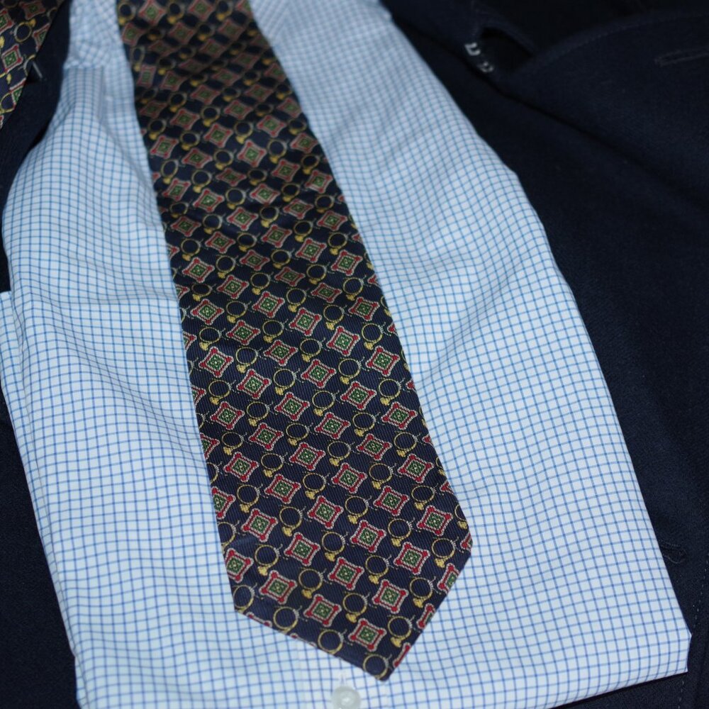 Men's DION SIGNATURE Silk Navy gold red NECKTIE Tie MADE IN CANADA  60"x 4"